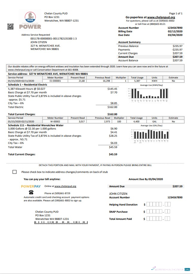 download USA Washington Chelan County PUD utility bill template in Word and PDF format PDF template